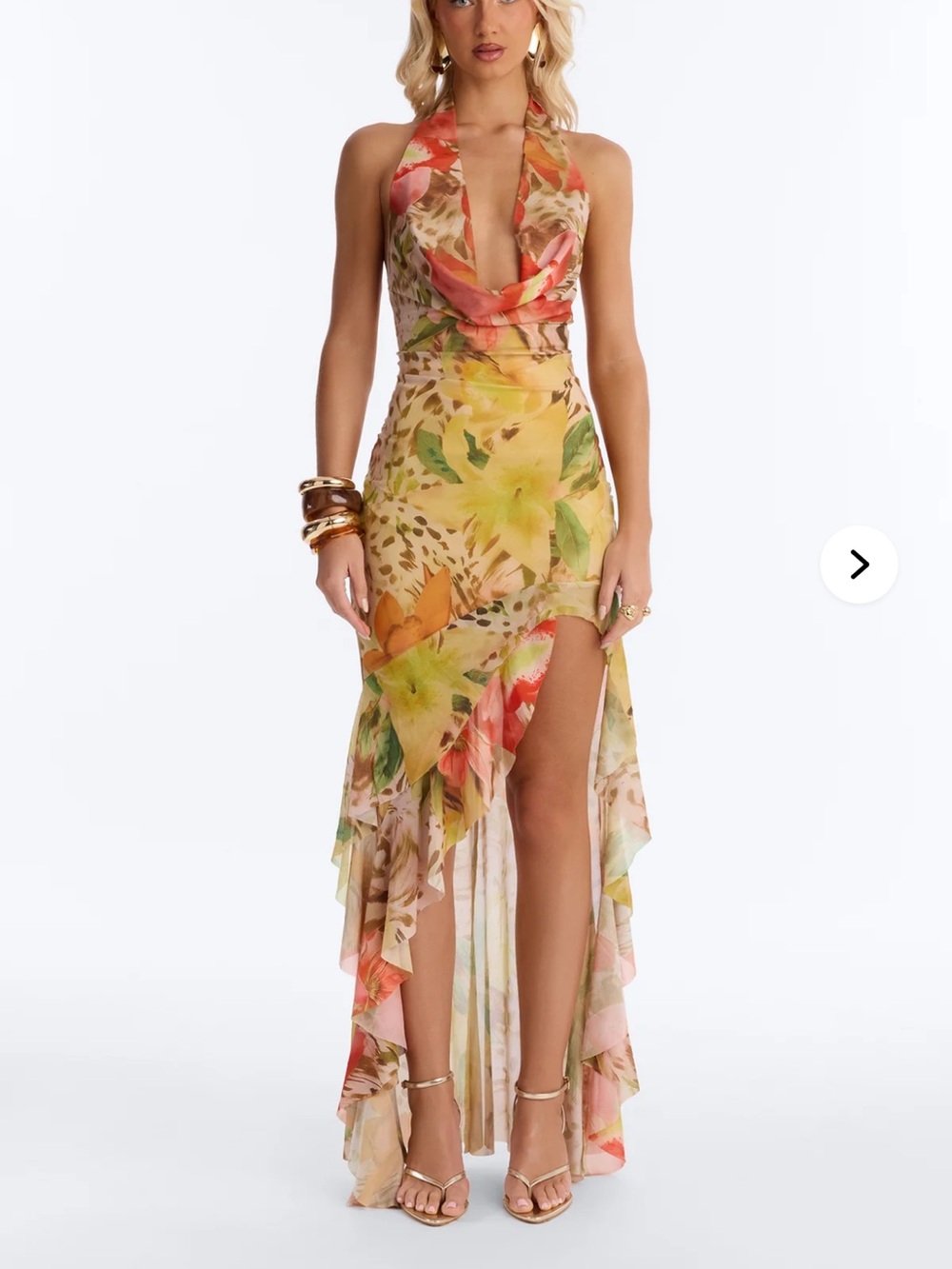 Tropic Energy Mesh Halter High-Low Maxi Dress (NWT)